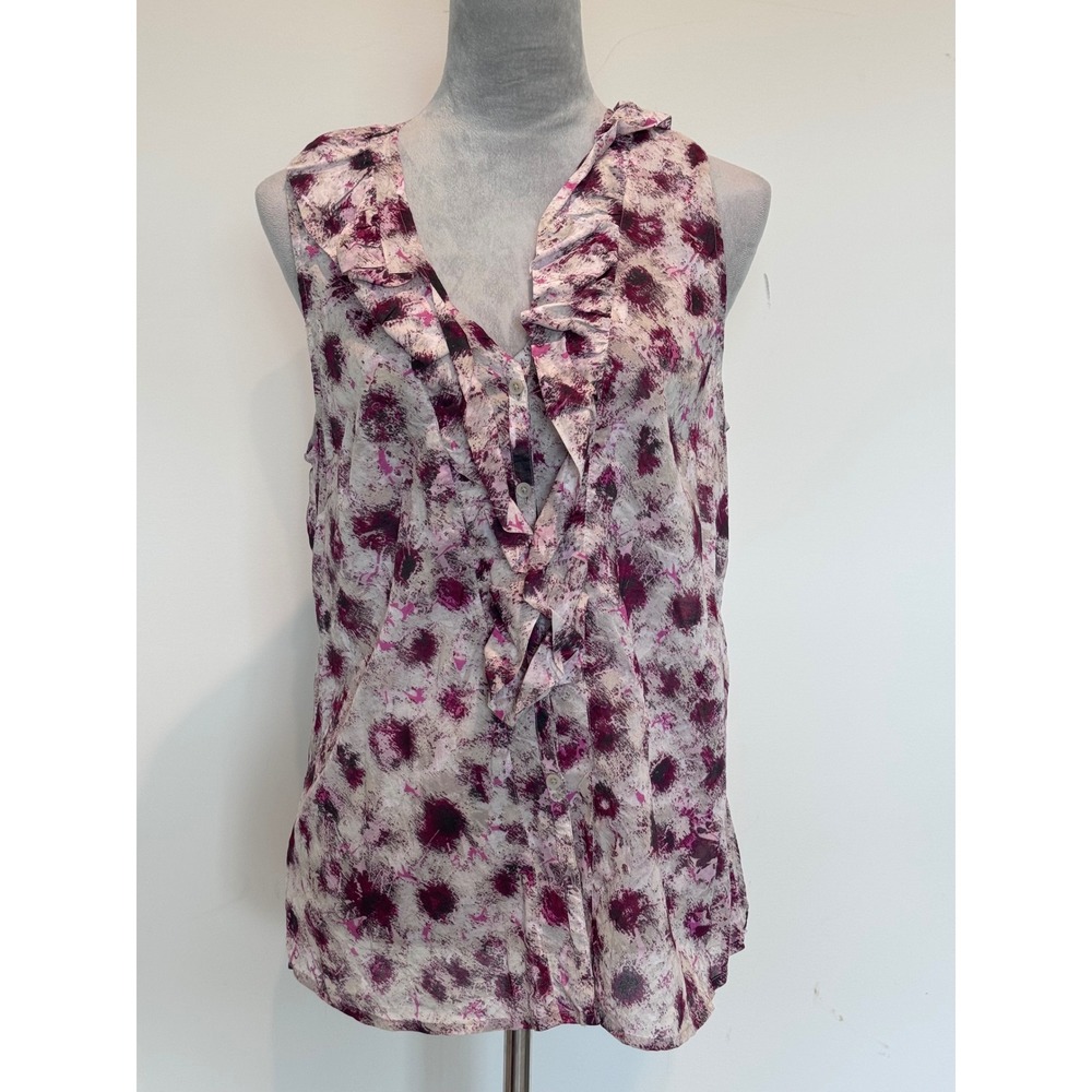 Ann Taylor Purple Abstract Floral Ruffle V-Neck Sleeveless Blouse Size 12